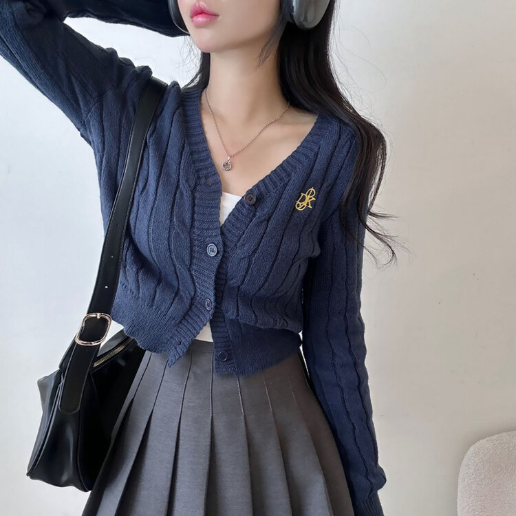 ケーブルクロップVネックニットカーディガン NAVY