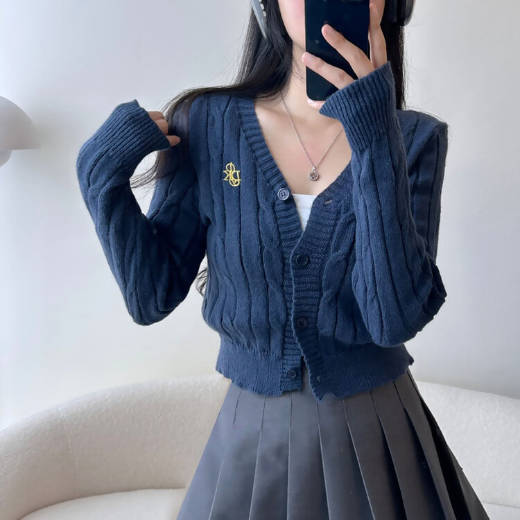 ケーブルクロップVネックニットカーディガン NAVY