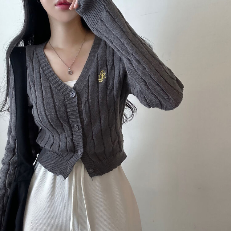 ケーブルクロップVネックニットカーディガン GRAY