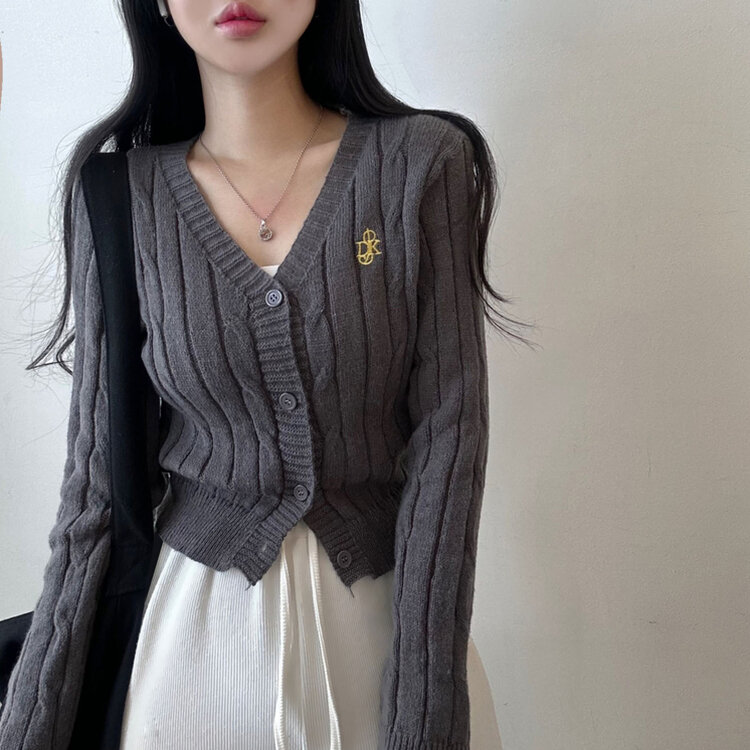 ケーブルクロップVネックニットカーディガン GRAY