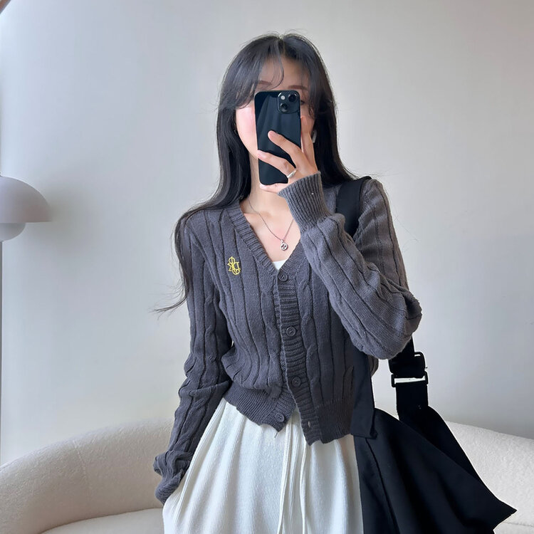 ケーブルクロップVネックニットカーディガン GRAY