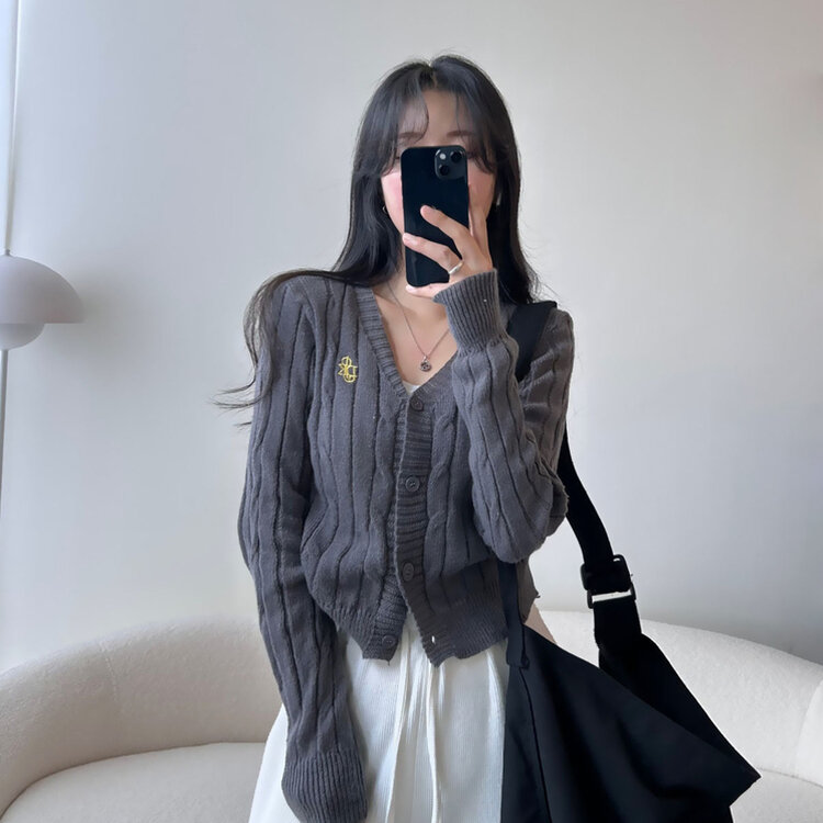 ケーブルクロップVネックニットカーディガン GRAY