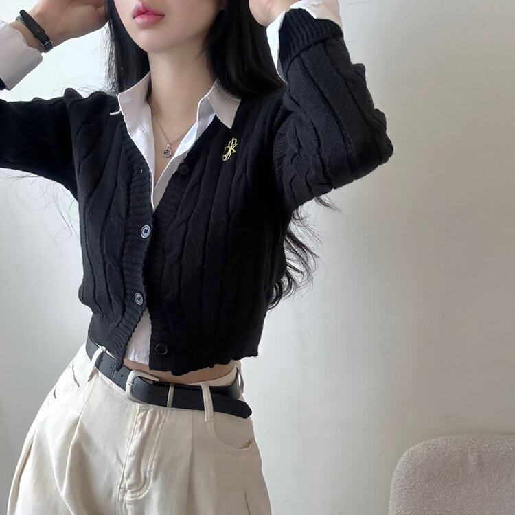 ケーブルクロップVネックニットカーディガン BLACK