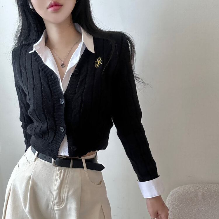 ケーブルクロップVネックニットカーディガン BLACK