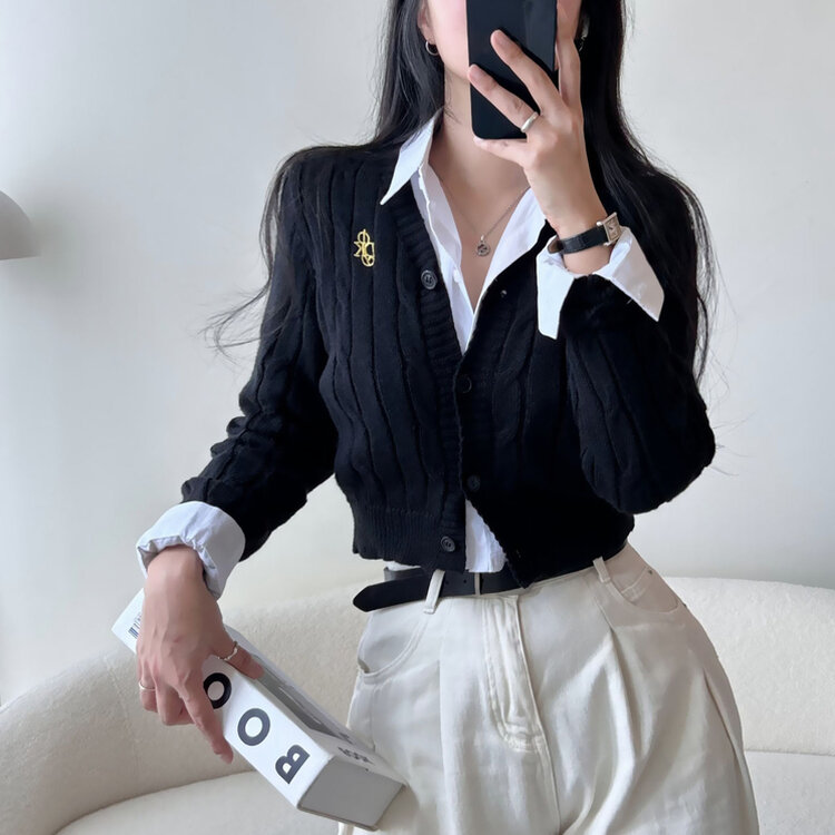 ケーブルクロップVネックニットカーディガン BLACK