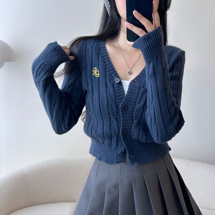 ケーブルクロップVネックニットカーディガン｜カーディガン｜韓国