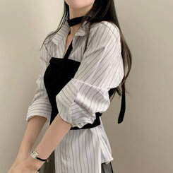 골지 셔링 레이어드 크롭 탑 블랙