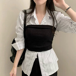 골지 셔링 레이어드 크롭 탑 블랙