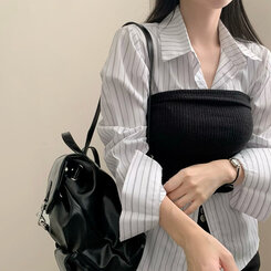 골지 셔링 레이어드 크롭 탑 블랙