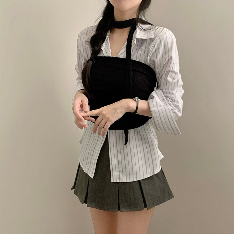 골지 셔링 레이어드 크롭 탑 블랙