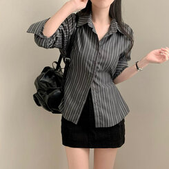 シャツ ストライプウエストボタン長袖シャツ BLACK