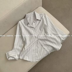 シャツ ストライプウエストボタン長袖シャツ
