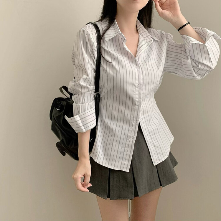 스트라이프 허리 단추 봄 가을 긴팔 셔츠 화이트