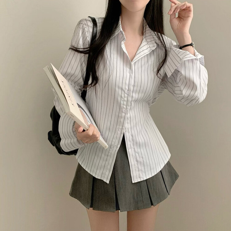 스트라이프 허리 단추 봄 가을 긴팔 셔츠 화이트