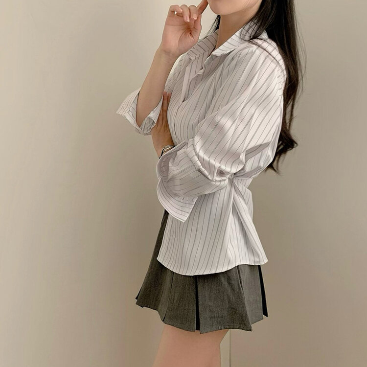 스트라이프 허리 단추 봄 가을 긴팔 셔츠 화이트