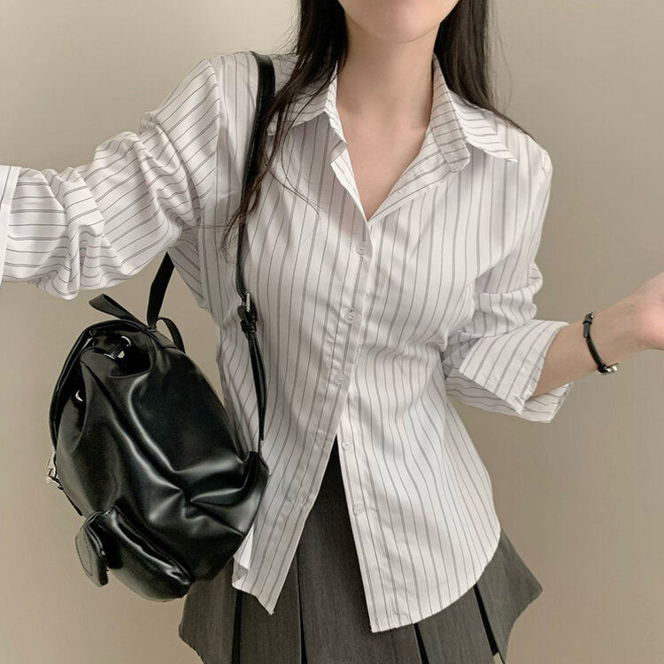 스트라이프 허리 단추 봄 가을 긴팔 셔츠 화이트