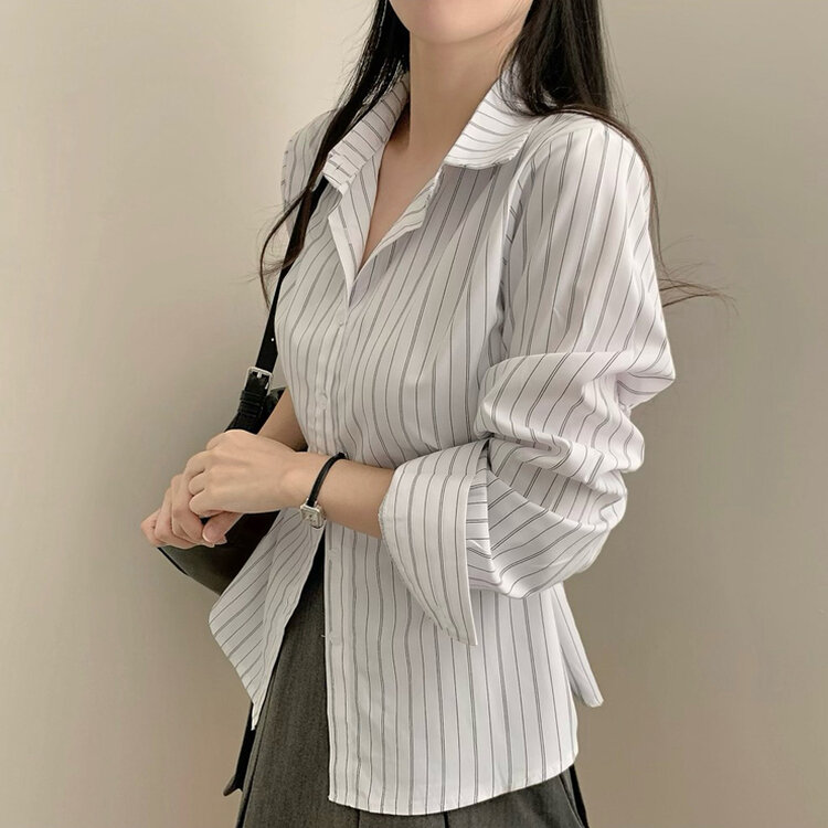 스트라이프 허리 단추 봄 가을 긴팔 셔츠 화이트