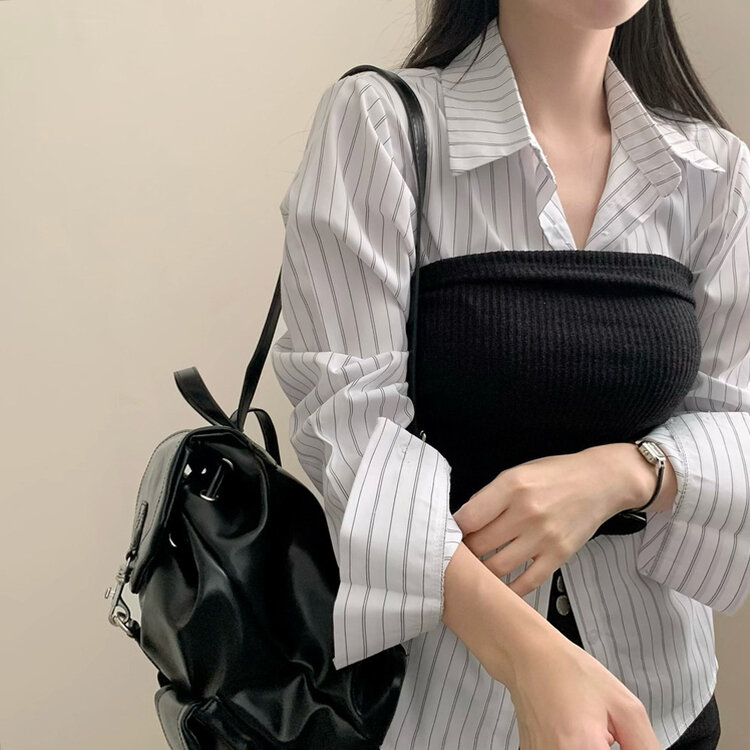 스트라이프 허리 단추 봄 가을 긴팔 셔츠 화이트