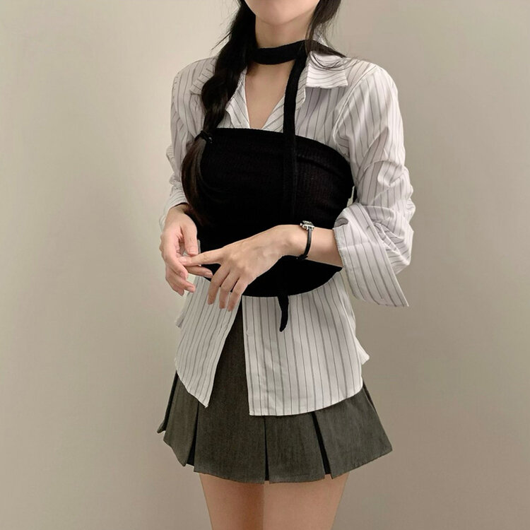 스트라이프 허리 단추 봄 가을 긴팔 셔츠 화이트