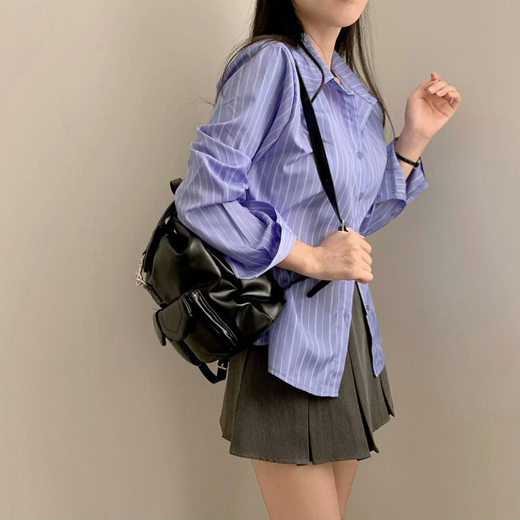 스트라이프 허리 단추 봄 가을 긴팔 셔츠 블루