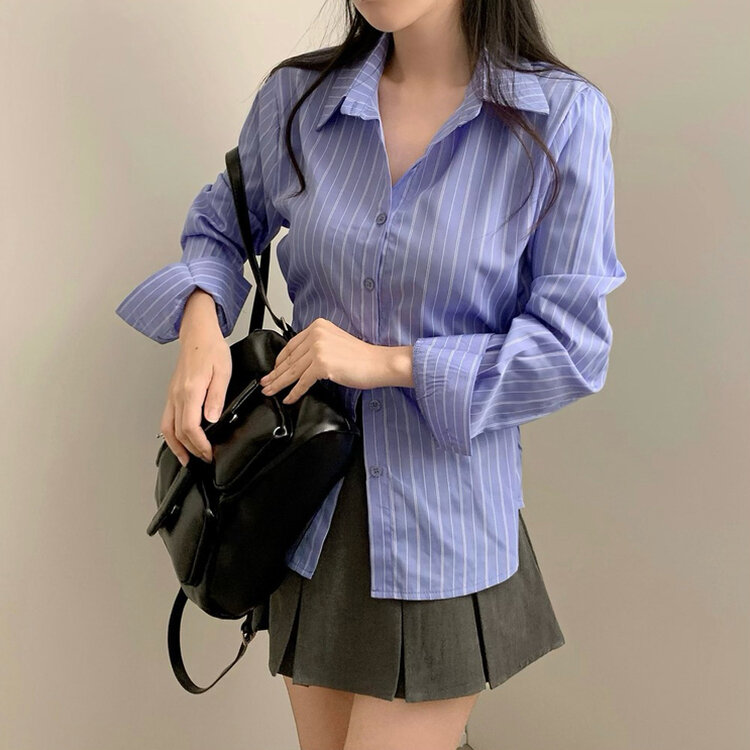 스트라이프 허리 단추 봄 가을 긴팔 셔츠 블루