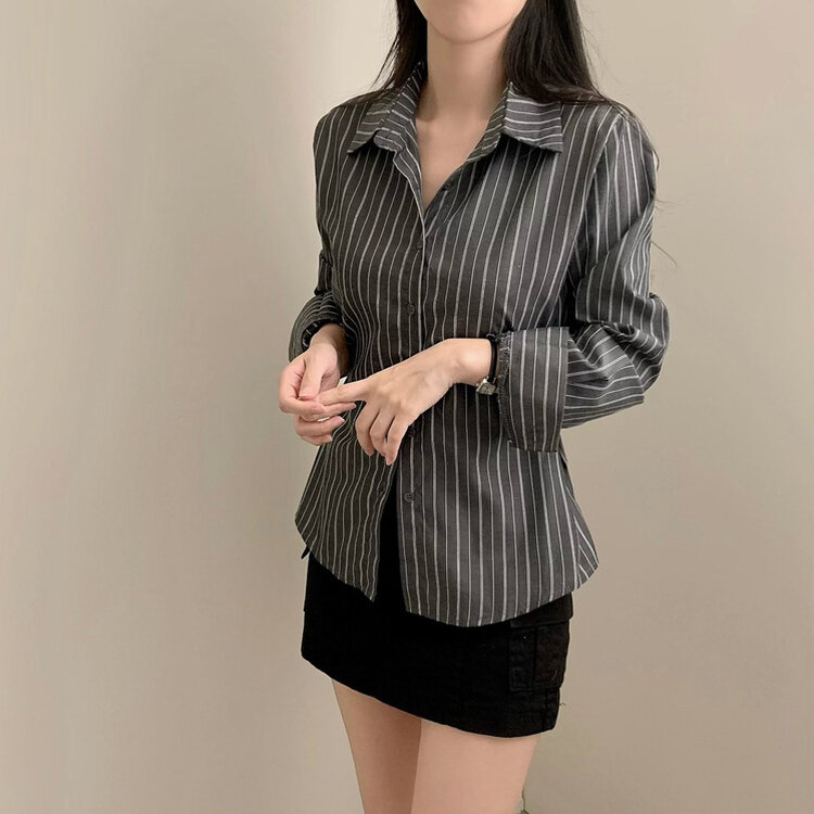 스트라이프 허리 단추 봄 가을 긴팔 셔츠 블랙