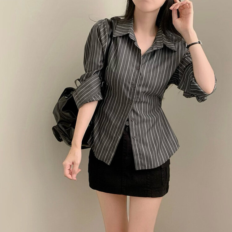 스트라이프 허리 단추 봄 가을 긴팔 셔츠 블랙