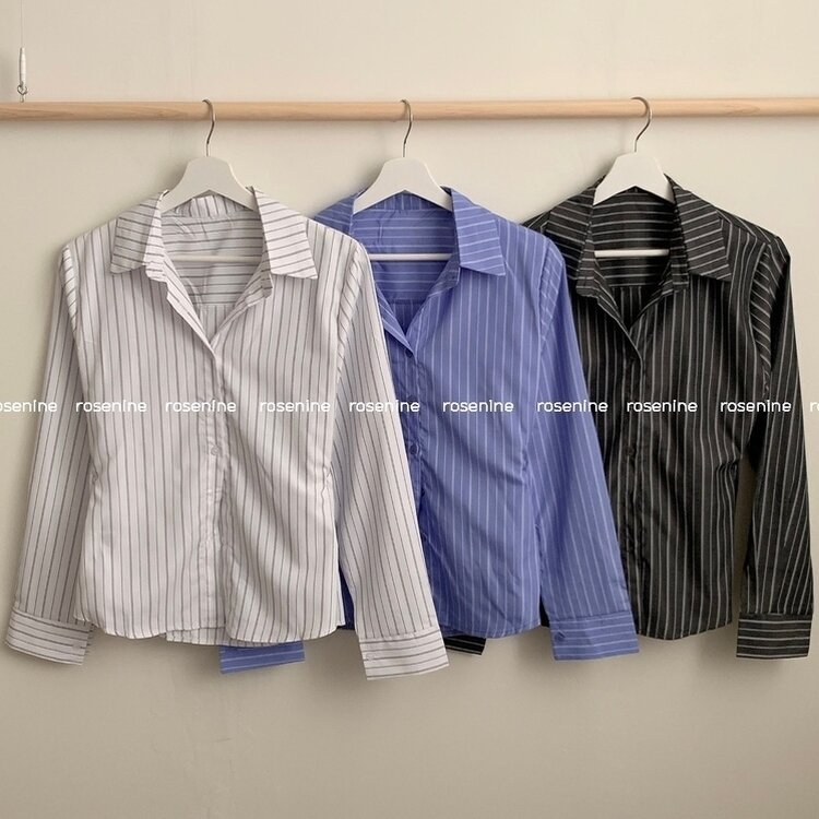 스트라이프 허리 단추 봄 가을 긴팔 셔츠