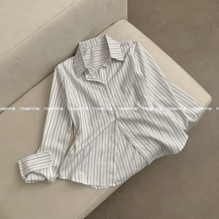 스트라이프 허리 단추 봄 가을 긴팔 셔츠