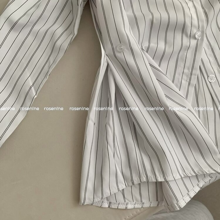 스트라이프 허리 단추 봄 가을 긴팔 셔츠