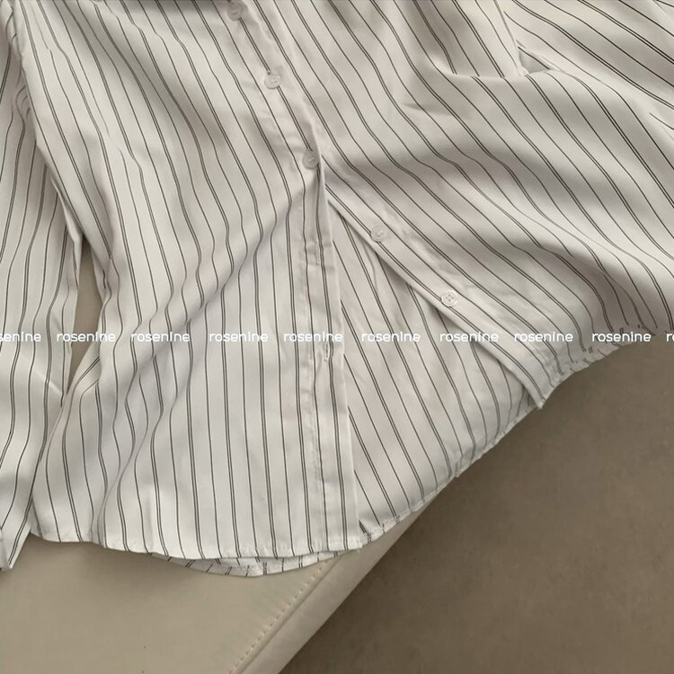 스트라이프 허리 단추 봄 가을 긴팔 셔츠