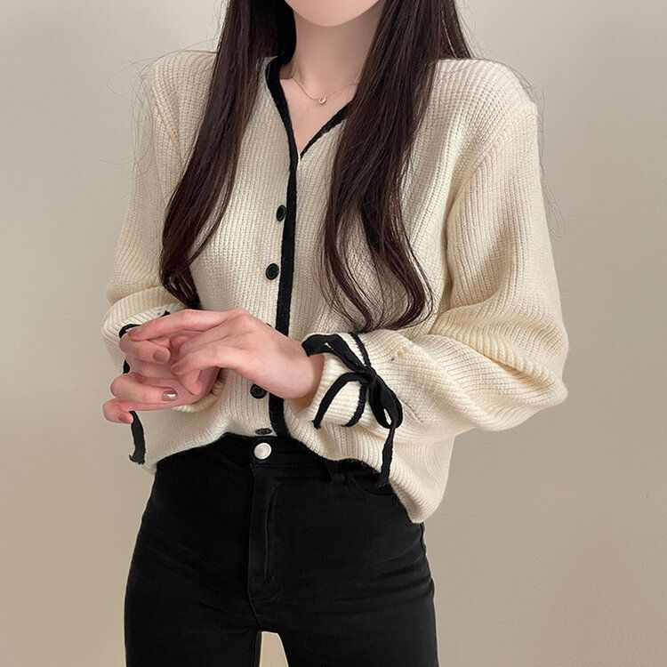 リボンバイカラーニットカーディガン｜カーディガン｜韓国