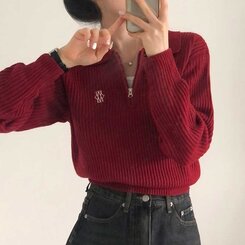 ハチ刺繍襟ハーフジップニット(6color)｜ニット｜韓国