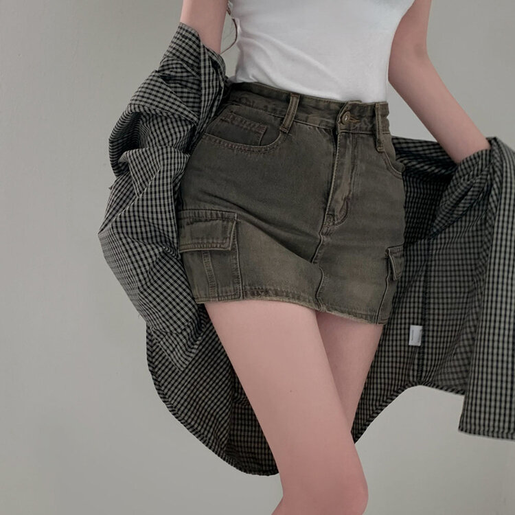 브라운 필터낀 듯한 색감 빈티지 카고 미니멀 데님 스커트 3color 카키브라운