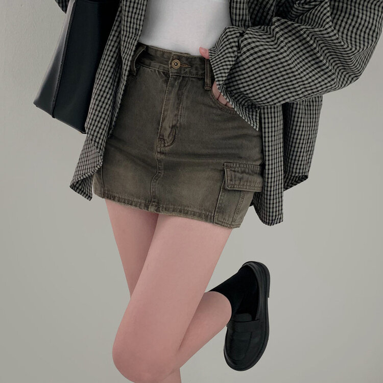 브라운 필터낀 듯한 색감 빈티지 카고 미니멀 데님 스커트 3color 카키브라운