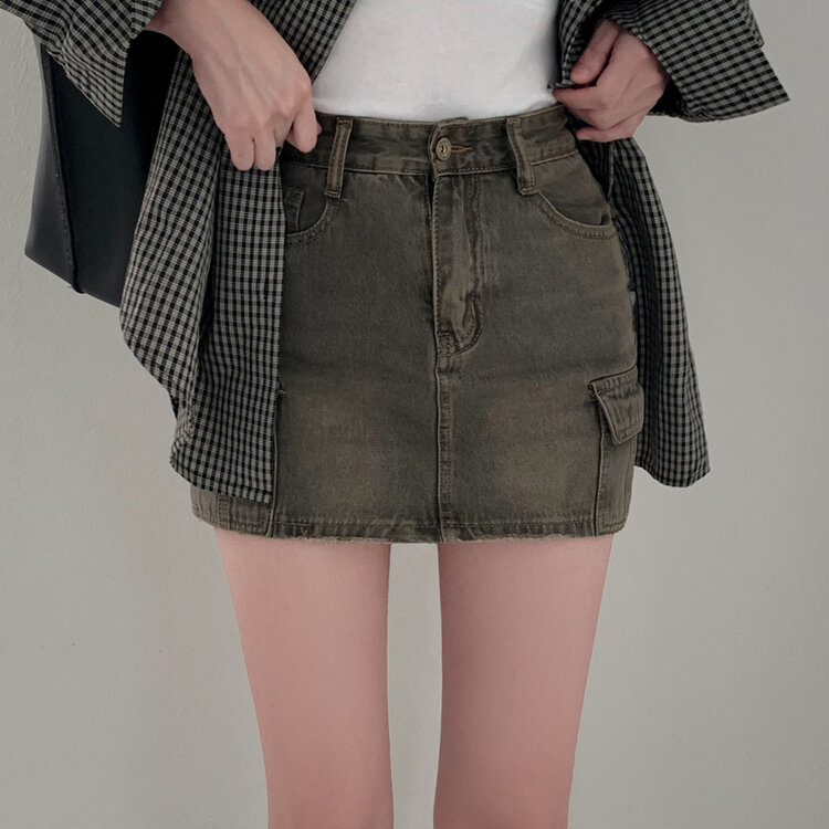 브라운 필터낀 듯한 색감 빈티지 카고 미니멀 데님 스커트 3color 카키브라운