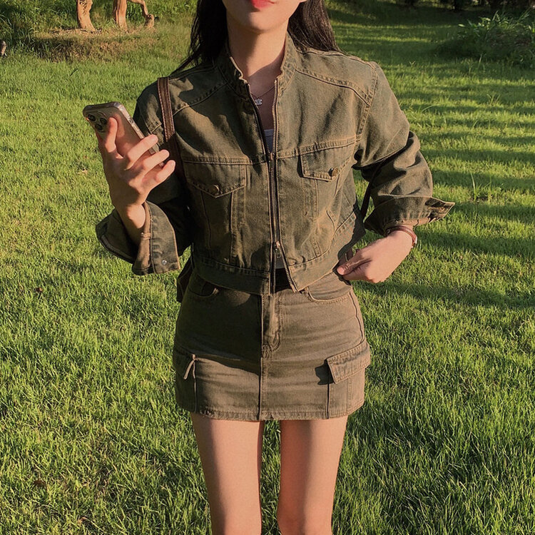 브라운 필터낀 듯한 색감 빈티지 카고 미니멀 데님 스커트 3color 카키브라운