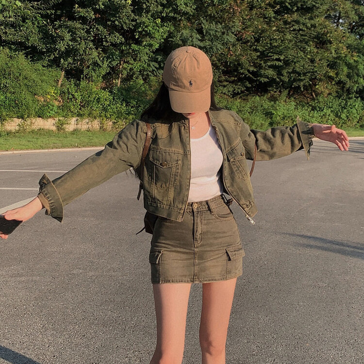 브라운 필터낀 듯한 색감 빈티지 카고 미니멀 데님 스커트 3color 카키브라운