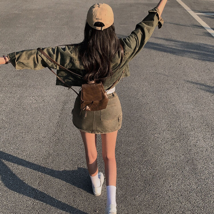 브라운 필터낀 듯한 색감 빈티지 카고 미니멀 데님 스커트 3color 카키브라운