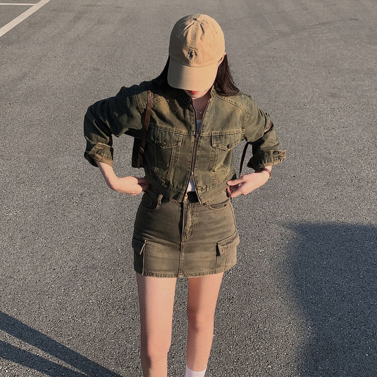 브라운 필터낀 듯한 색감 빈티지 카고 미니멀 데님 스커트 3color 카키브라운