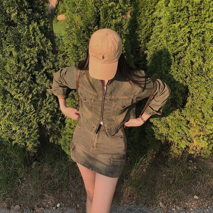 브라운 필터낀 듯한 색감 빈티지 카고 미니멀 데님 스커트 3color 카키브라운