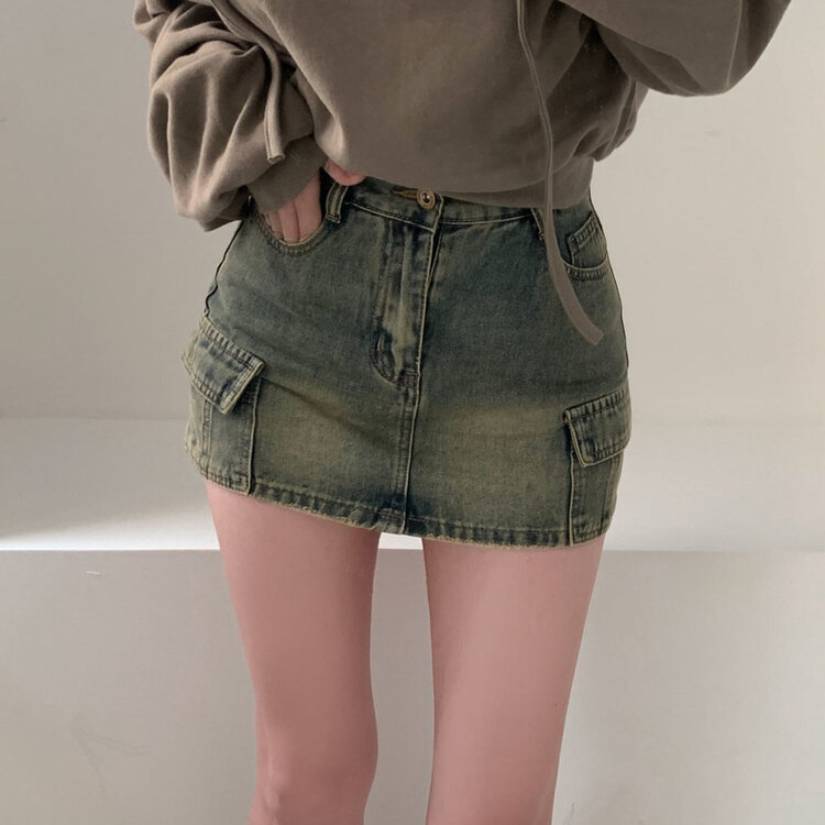 브라운 필터낀 듯한 색감 빈티지 카고 미니멀 데님 스커트 3color 중청