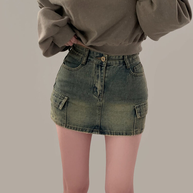 브라운 필터낀 듯한 색감 빈티지 카고 미니멀 데님 스커트 3color 중청
