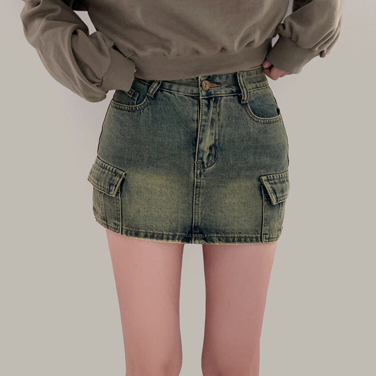 브라운 필터낀 듯한 색감 빈티지 카고 미니멀 데님 스커트 3color 중청