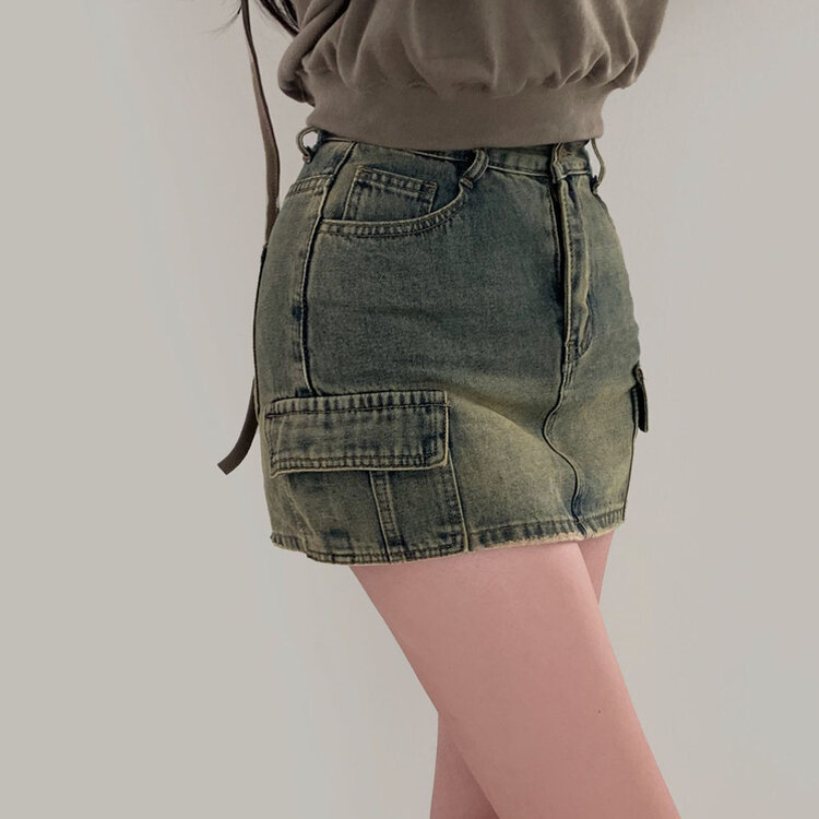 브라운 필터낀 듯한 색감 빈티지 카고 미니멀 데님 스커트 3color 중청