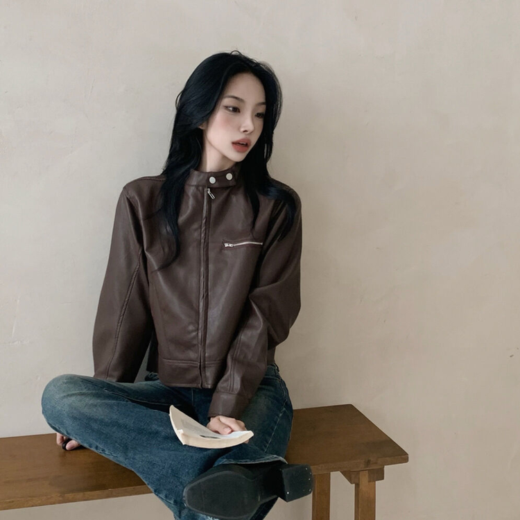 ネックボタンレザーライダースジャケット｜ジャケット｜韓国