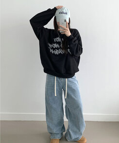 レタリングプリントオーバーフィット長袖トレーナー BLACK