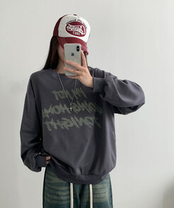 レタリングプリントオーバーフィット長袖トレーナー CHARCOAL