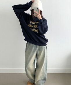 レタリングプリントオーバーフィット長袖トレーナー NAVY