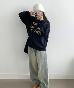 レタリングプリントオーバーフィット長袖トレーナー NAVY